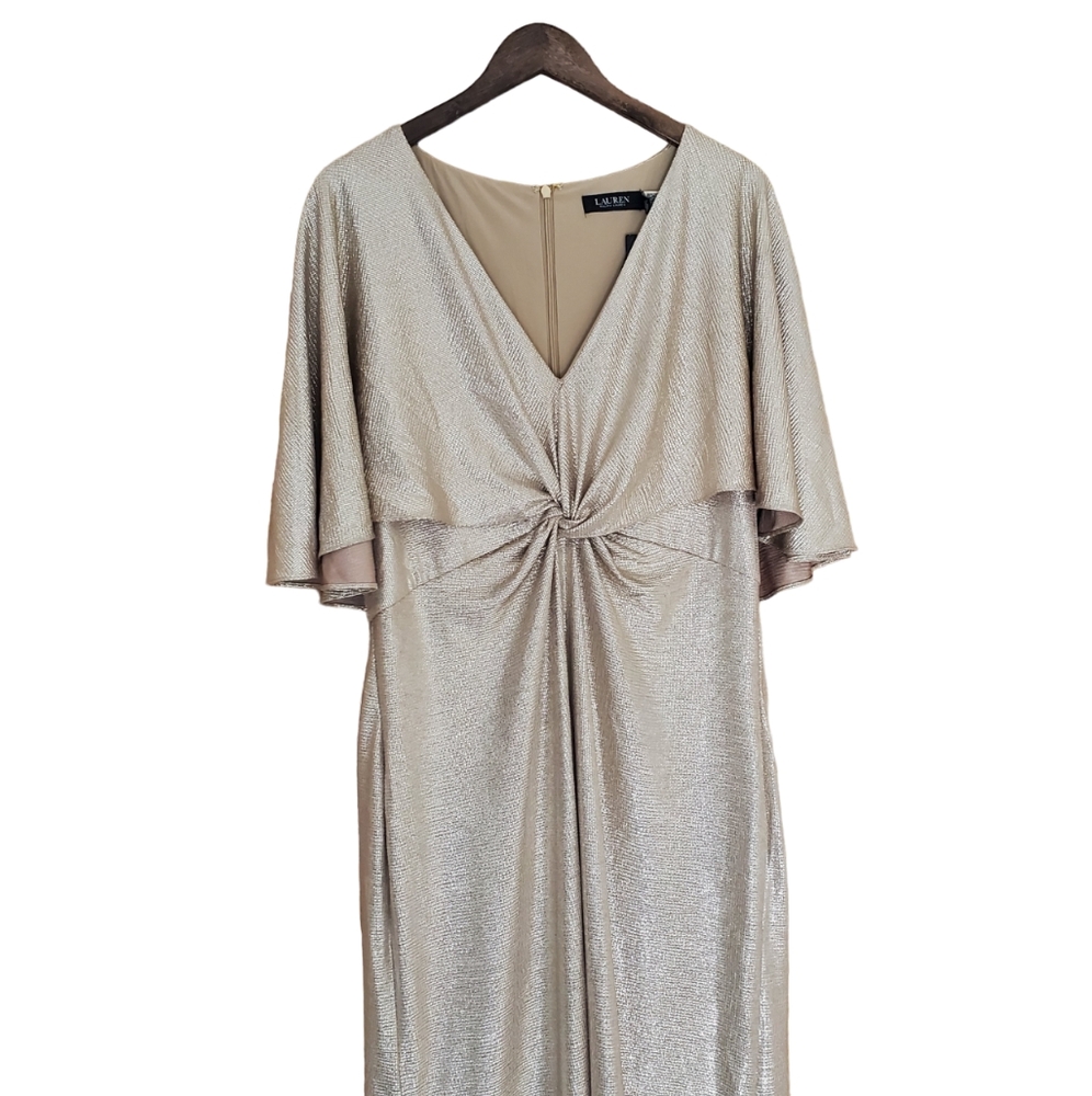 RALPH LAUREN | Gold Champagne Foil Print Jersey Cape Gown (Size 14) - Picture 5 of 15